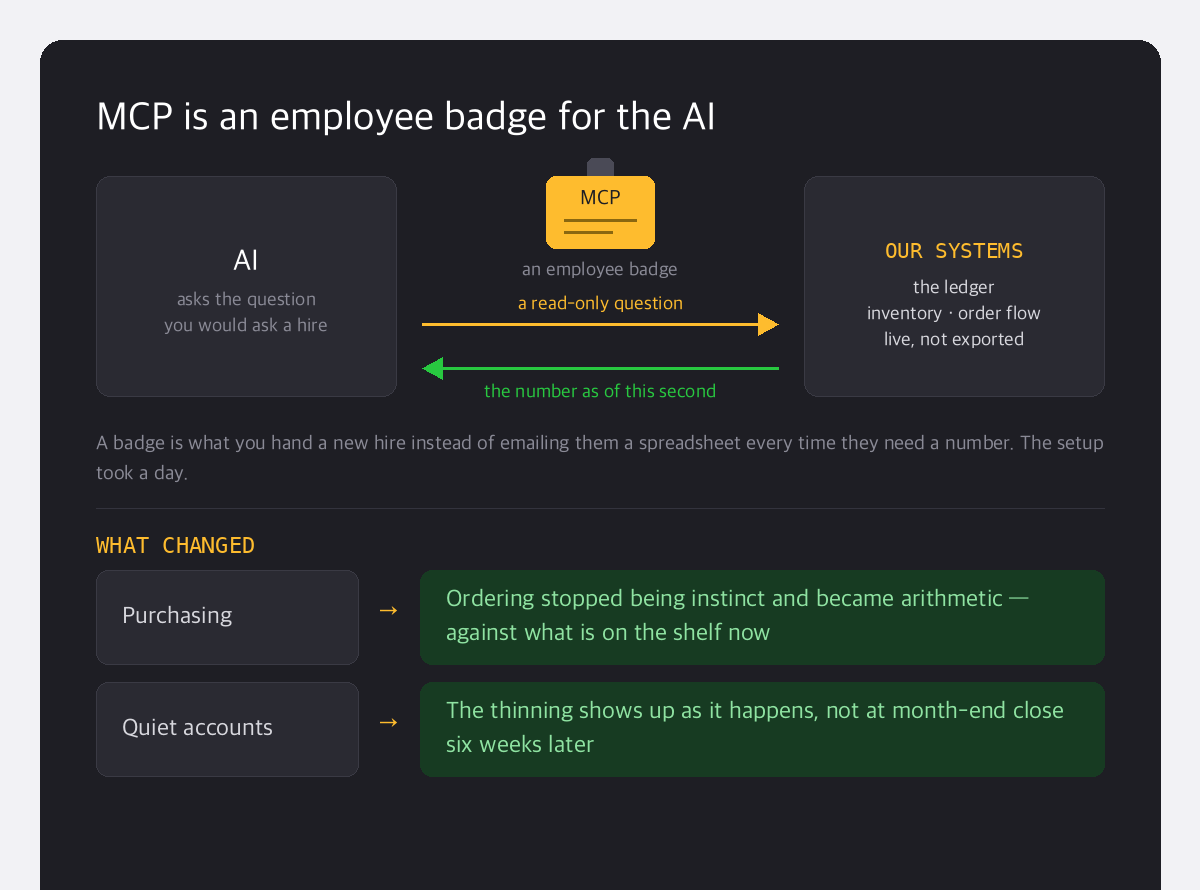 Structure diagram: the AI holds an MCP badge that lets it put a read-only question directly to the company's live ledger, inventory and order flow, and get back the number as of that second